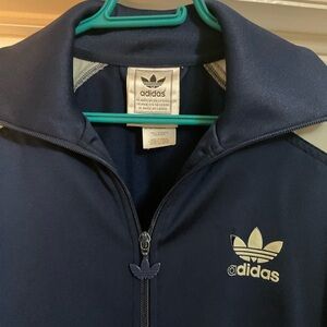 adidas Blue and White Bomber Jacket with Stand-Up Collar and Zipper Closure